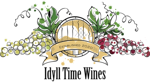 Logo. Text: Idyll Time WInes Established 2022. Wine barrel with green grapes and leaves on left and red grapes and leaves on right.
